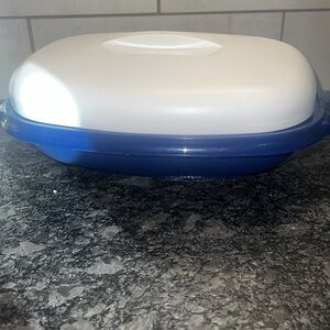 OVAL MICROWAVE STEAMER DISH NEW looks Never used blue & white Vintage Tupperware